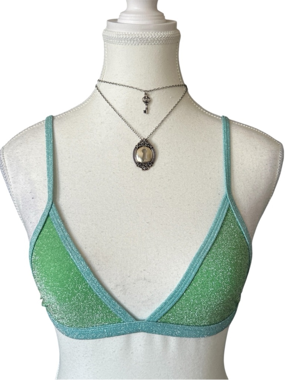 Y2K Style Blue and Green Shiny Bikini Top